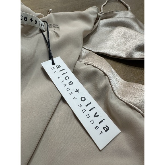 Alice + Olivia Satin Champagne Midi Slip Dress Sz 6 Asymmetric Handkerchief Hem - Picture 14 of 16